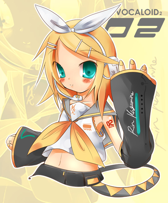 yamaguchi shinnosuke, kagamine rin, vocaloid, aqua eyes, blonde hair, detached sleeves, headphones, number tattoo, sailor collar, short hair, shoulder tattoo, solo, tattoo, twintails