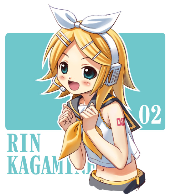 nekopuchi, kagamine rin, vocaloid, 1girl, :d, aqua eyes, arm tattoo, bare shoulders, belt, blonde hair, character name, clenched hands, collarbone, female focus, hair ornament, hair ribbon, hairclip, headphones, headset, looking afar, navel, neckerchief, number tattoo, open mouth, ribbon, sailor collar, school uniform, serafuku, short hair, smile, solo, stomach, swept bangs, tattoo, twintails, two-tone background, upper body, white ribbon, yellow neckerchief