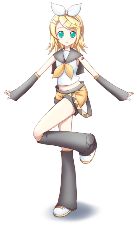 sasaki akira (ugc), kagamine rin, kagamine rin (if), vocaloid, 1girl, aqua eyes, blonde hair, blouse, bow, capelet, detached sleeves, female focus, hair ornament, hairclip, headphones, headset, leg up, leg warmers, number tattoo, outstretched arms, shirt, shoes, shorts, shoulder tattoo, sleeveless, sleeveless shirt, smile, solo, tattoo, twintails