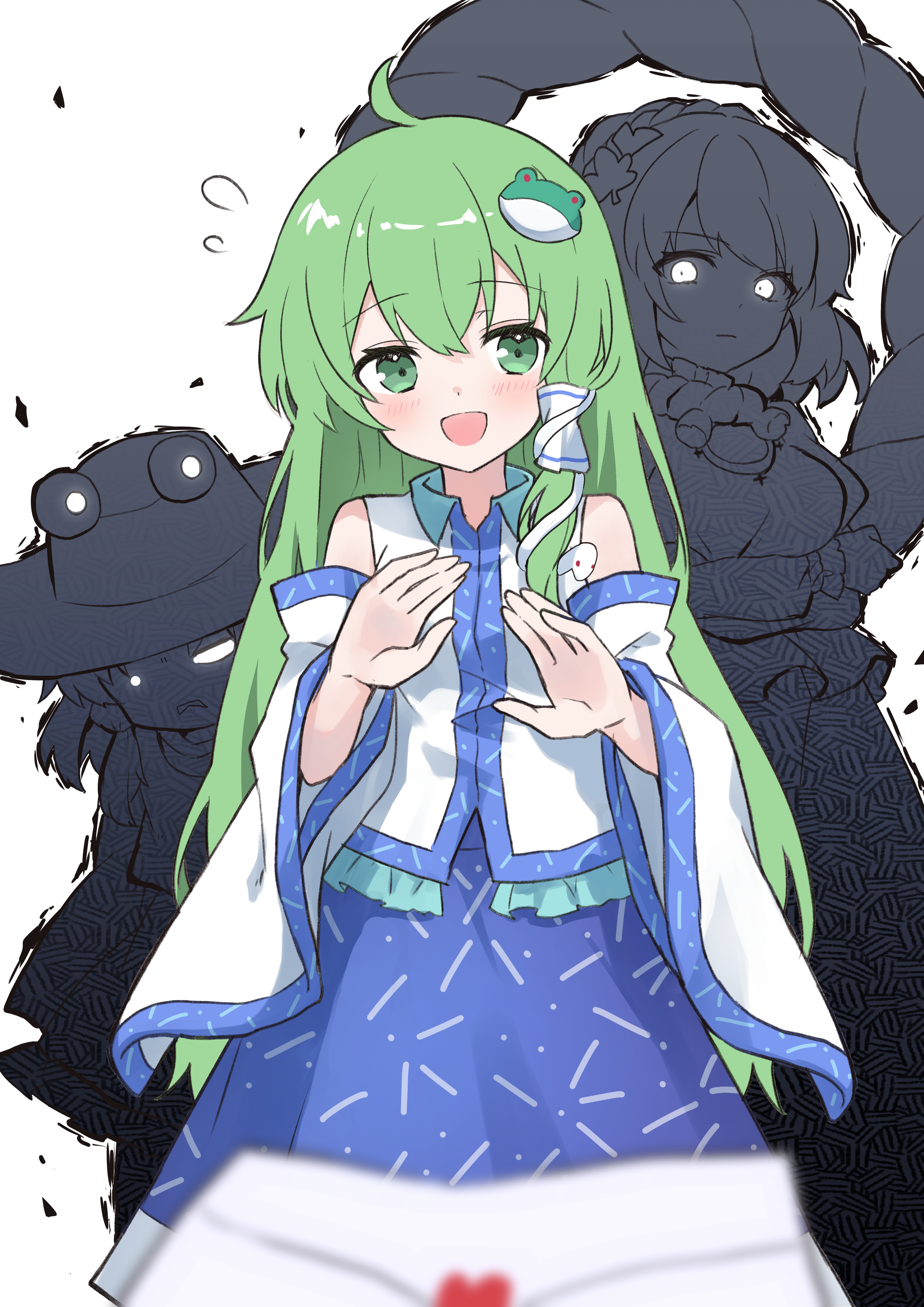 ahase hino, kochiya sanae, moriya suwako, yasaka kanako, touhou, absurdres, commentary request, highres, 3girls, :d, ahoge, bare shoulders, blush, collared shirt, detached sleeves, flying sweatdrops, frilled shirt, frills, frog hair ornament, green eyes, green hair, hair bun, hair ornament, hair tubes, letter, long hair, long sleeves, love letter, multiple girls, nervous, nontraditional miko, open mouth, pov, shirt, single hair tube, single side bun, sleeveless, sleeveless shirt, smile, snake hair ornament, very long hair, white shirt, white sleeves, wide sleeves
