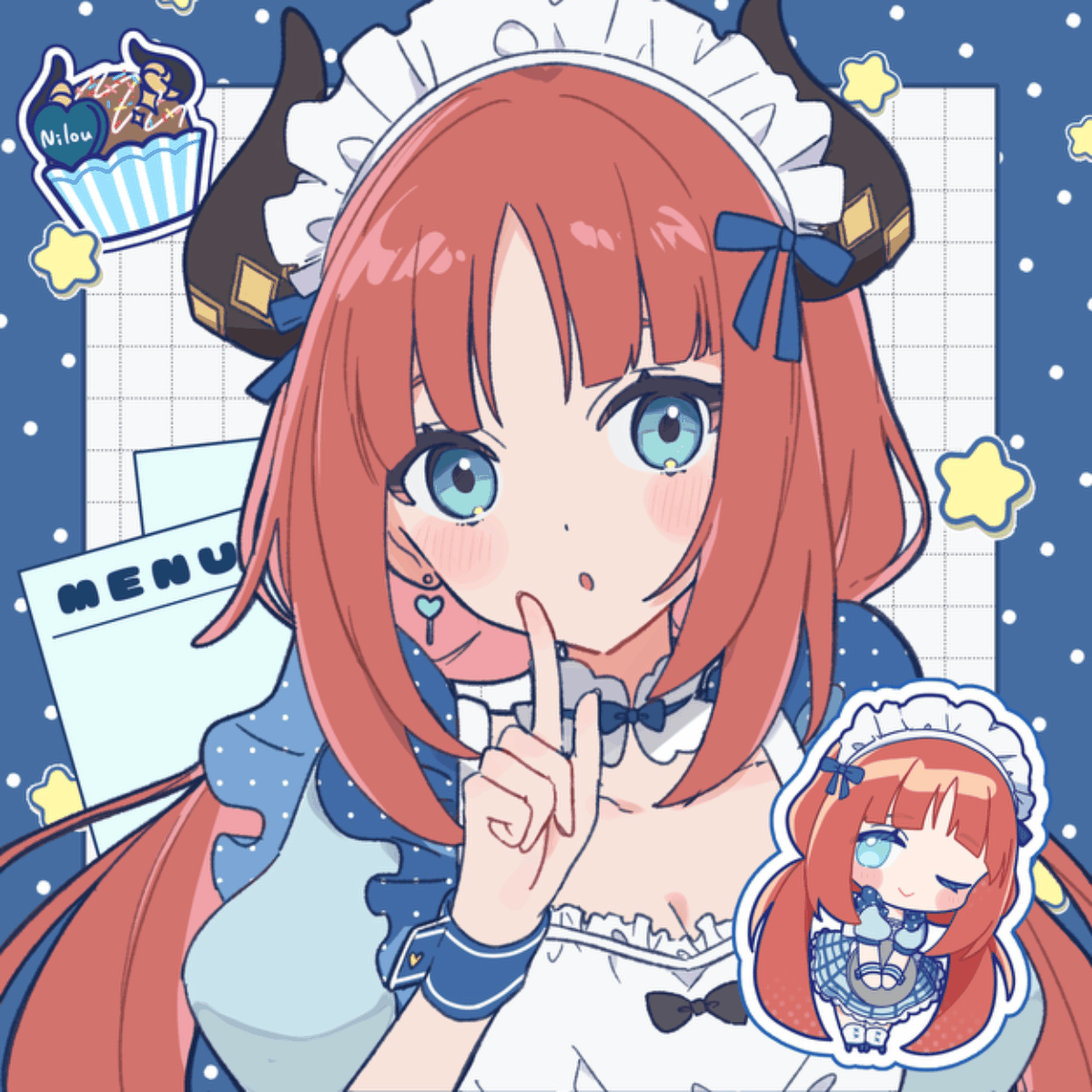 puchimu, nilou (genshin impact), genshin impact, highres, 1girl, alternate costume, apron, blue border, blue eyes, blue ribbon, blush, blush stickers, border, character name, chibi, cupcake, detached collar, fake horns, food, frilled apron, frilled headwear, frills, grid background, horned headwear, horns, index finger raised, long hair, looking at viewer, multiple views, one eye closed, open mouth, outline, parted bangs, polka dot, polka dot background, puffy short sleeves, puffy sleeves, red hair, ribbon, short sleeves, smile, star (symbol), twintails, upper body, waitress, wrist cuffs