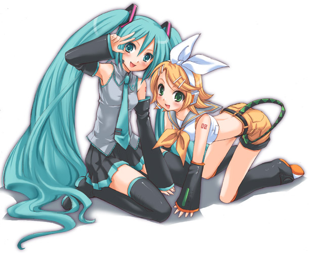 takumi namuchi, hatsune miku, kagamine rin, vocaloid, 2girls, aqua hair, headphones, long hair, multiple girls, sailor collar, thighhighs, twintails, very long hair