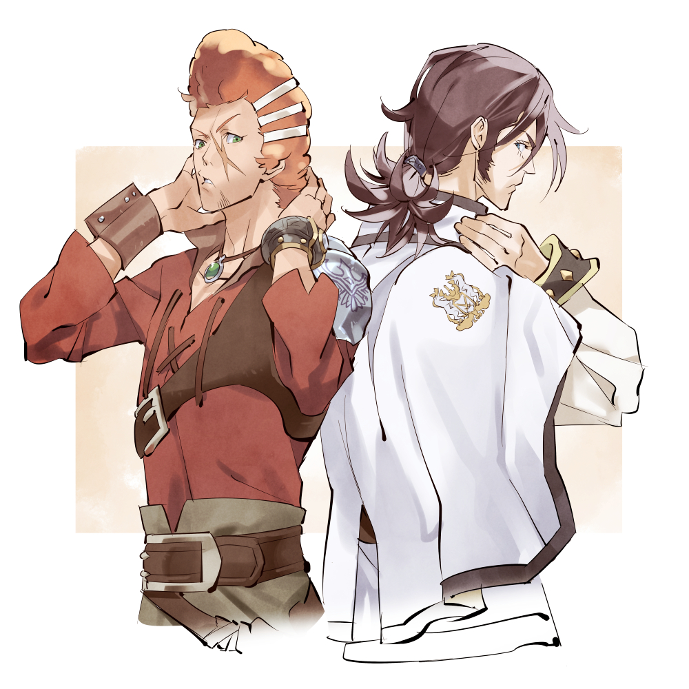 dasshu (dashi now), favaro leone, kaisar lidfald, shingeki no bahamut: genesis, 2boys, back-to-back, cropped torso, curled horns, facial hair, goatee stubble, horns, jacket, jewelry, long sideburns, male focus, multiple boys, necklace, parted lips, ponytail, red shirt, scar, scar on face, shirt, sideburns, stubble, white jacket