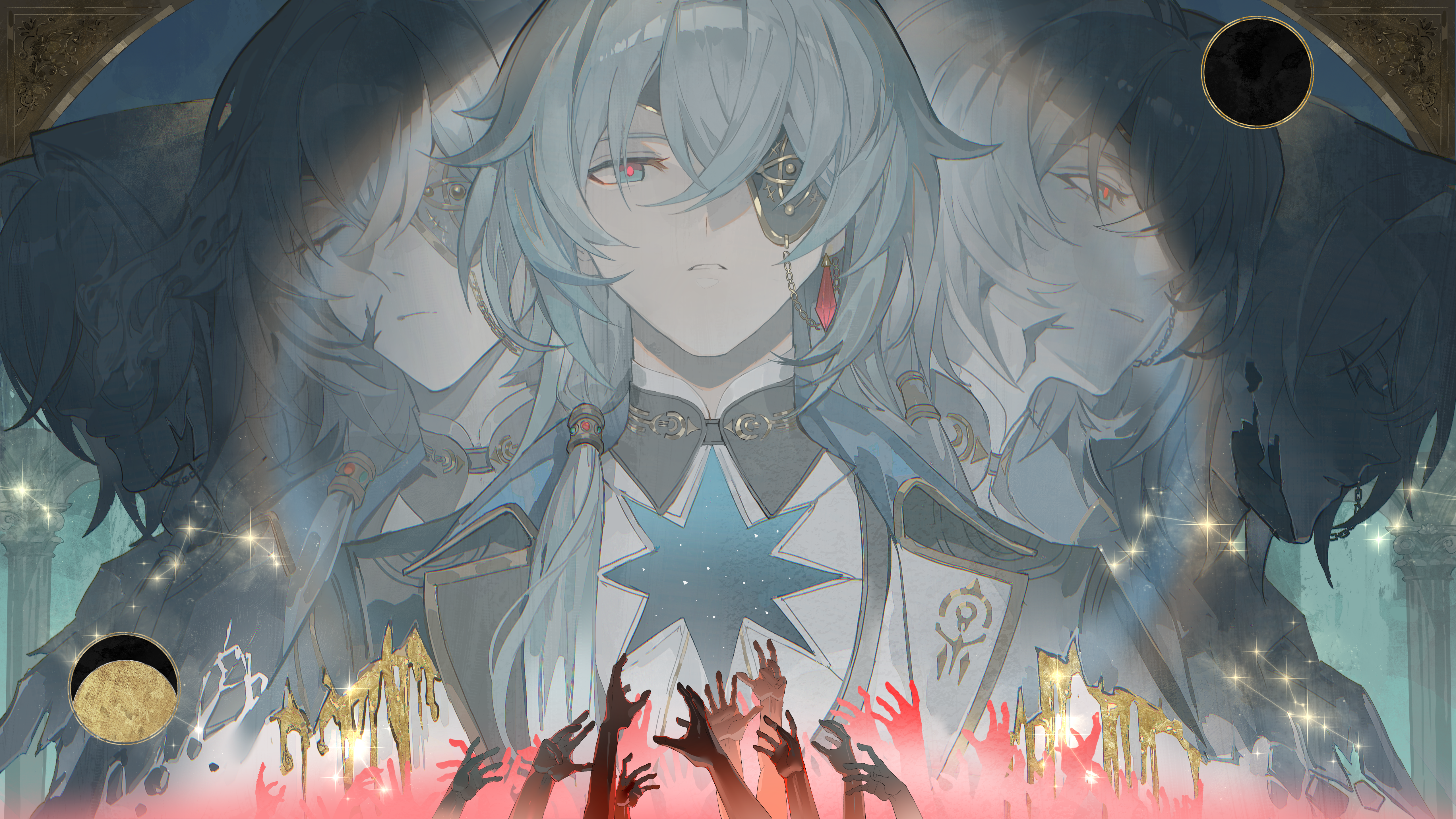 guaisanmu, anaxa (honkai: star rail), honkai: star rail, honkai (series), absurdres, chinese commentary, highres, 1boy, aqua eyes, aqua hair, black jacket, closed eyes, closed mouth, cracked skin, crystal earrings, disembodied hand, earrings, expressionless, eyepatch, flaming eye, full moon, gem, hair between eyes, hair over shoulder, hair tubes, hole in chest, hole on body, jacket, jewelry, lapels, long hair, looking ahead, looking at viewer, low side ponytail, male focus, mandarin collar, moon, multiple views, notched lapels, one eye covered, outstretched arm, parted lips, pillar, portrait, profile, red gemstone, red pupils, shirt, single earring, single hair tube, solo, sparkle, white shirt, yellow blood