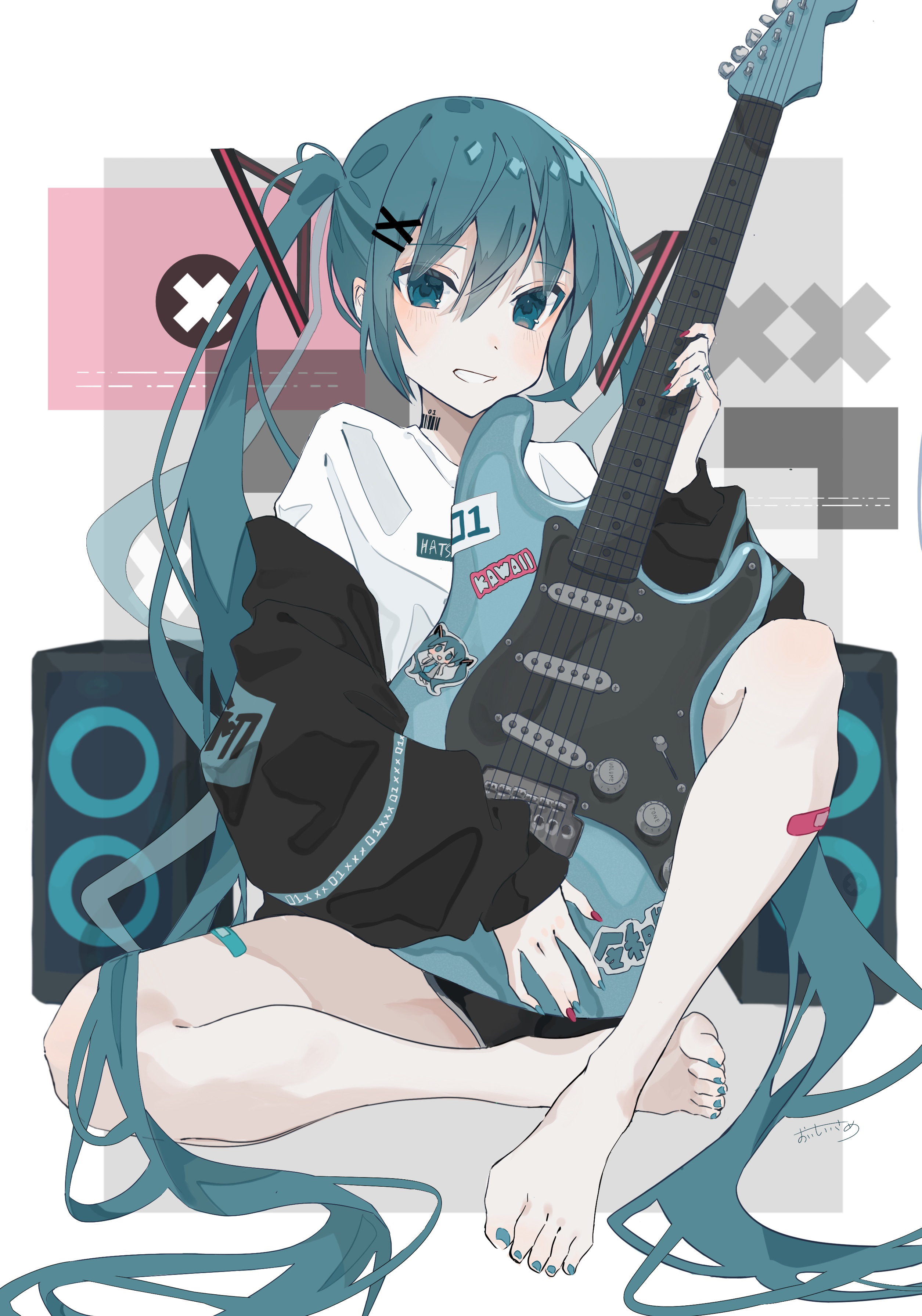 sutera sea, hatsune miku, vocaloid, absurdres, highres, 1girl, aqua eyes, aqua hair, bandaid, bandaid on leg, barcode, barefoot, black jacket, electric guitar, guitar, hair ornament, holding, holding instrument, instrument, jacket, long hair, looking at viewer, nail polish, shirt, shorts, sitting, smile, solo, speaker, sticker, tattoo, toenails, twintails, very long hair, white shirt, x hair ornament
