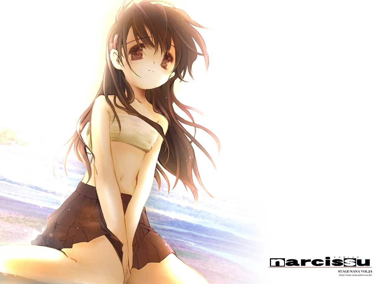 mitaonsha, sakura setsumi, setsumi sakura, narcissu, game cg, 1girl, beach, between legs, brown eyes, brown hair, company name, copyright name, dutch angle, female focus, hair ornament, hairclip, hand between legs, kneeling, long hair, midriff, miniskirt, navel, pleated skirt, sitting, skirt, solo, towel, v arms, wariza, water, watermark, web address