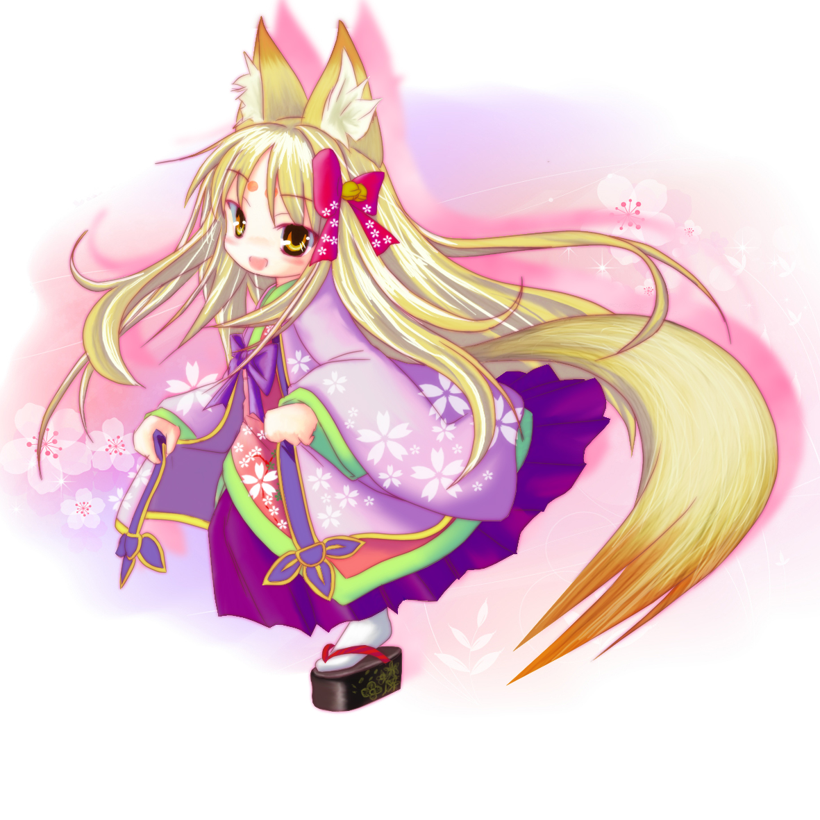 loki alma, emil chronicle online, 1girl, animal ears, bell, blonde hair, fox ears, fox girl, fox tail, hair bell, hair ornament, hair ribbon, japanese clothes, kimono, long hair, minato3, okobo, open mouth, platform sandals, purple kimono, red ribbon, ribbon, sandals, solo, tail, thighhighs, white thighhighs, yellow eyes