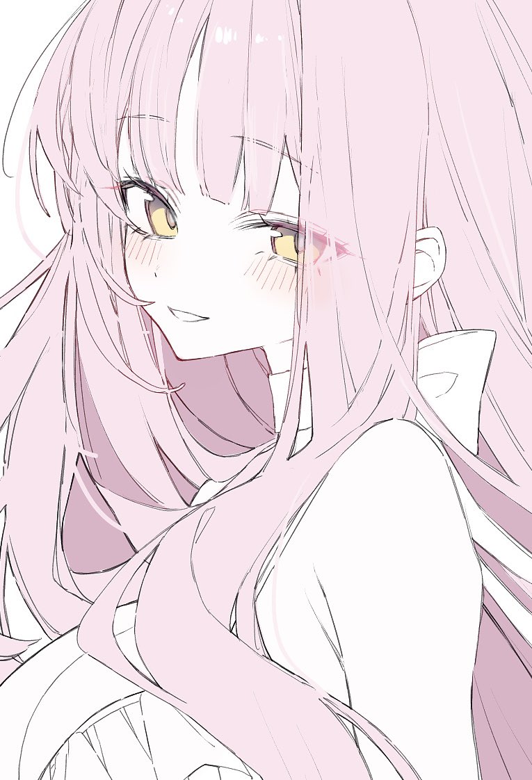 hk nnm, mika (blue archive), mika (swimsuit) (blue archive), blue archive, 1girl, bare shoulders, blush, breasts, dress, large breasts, long hair, looking at viewer, pink hair, simple background, sleeveless, sleeveless dress, smile, solo, upper body, white background, white dress, yellow eyes