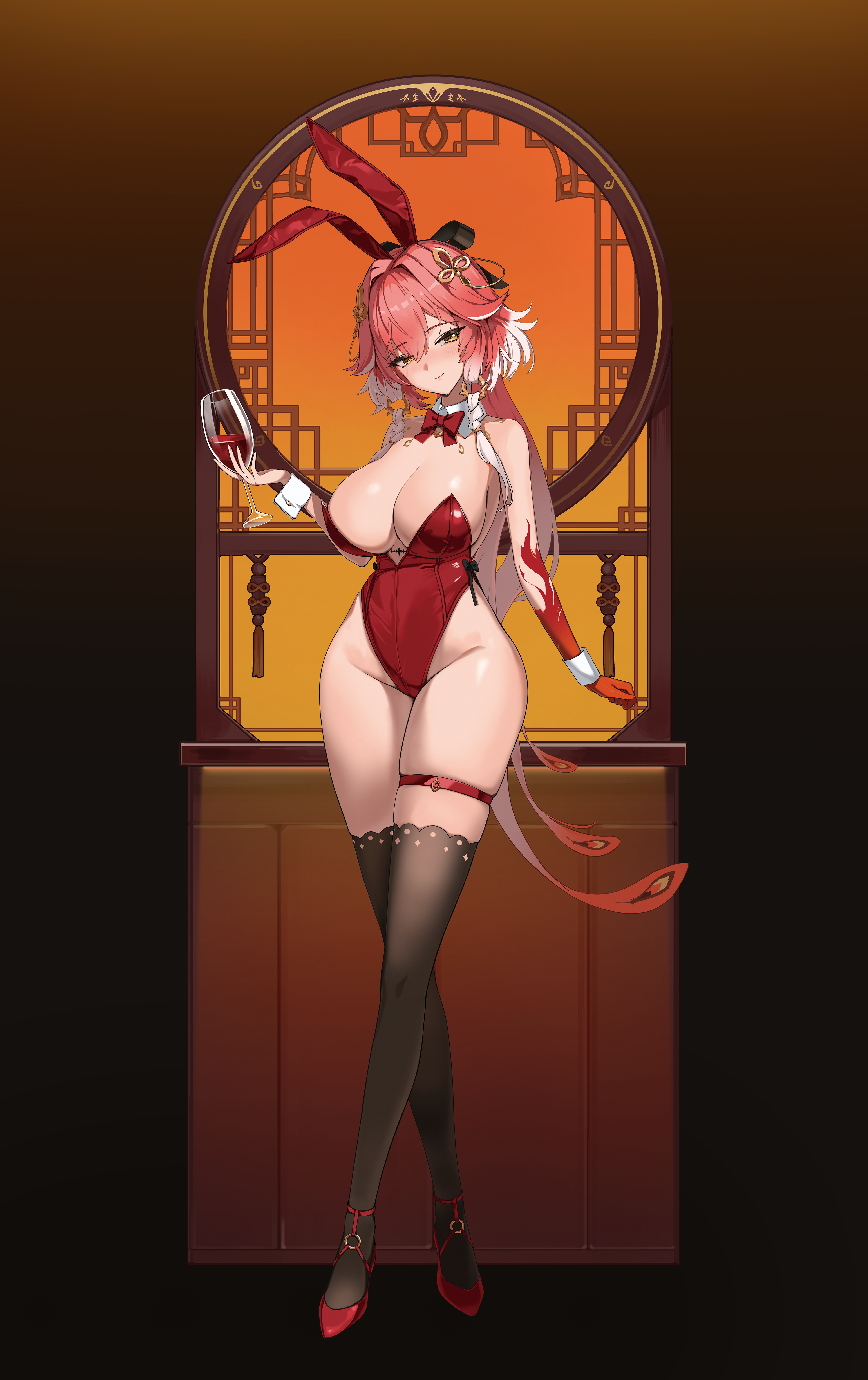 binu (nadenade), changli (wuthering waves), wuthering waves, absurdres, commentary, highres, 1girl, alternate costume, animal ears, black bow, black thighhighs, bow, bowtie, breasts, brown eyes, cleavage, closed mouth, cup, detached collar, fake animal ears, full body, hair bow, hair ornament, holding, holding cup, large breasts, leotard, looking at viewer, multicolored hair, playboy bunny, rabbit ears, red bow, red bowtie, red hair, red shoes, shoes, skindentation, smile, standing, tacet mark (wuthering waves), thigh strap, thighhighs, two-tone hair, white hair, white wrist cuffs, wrist cuffs