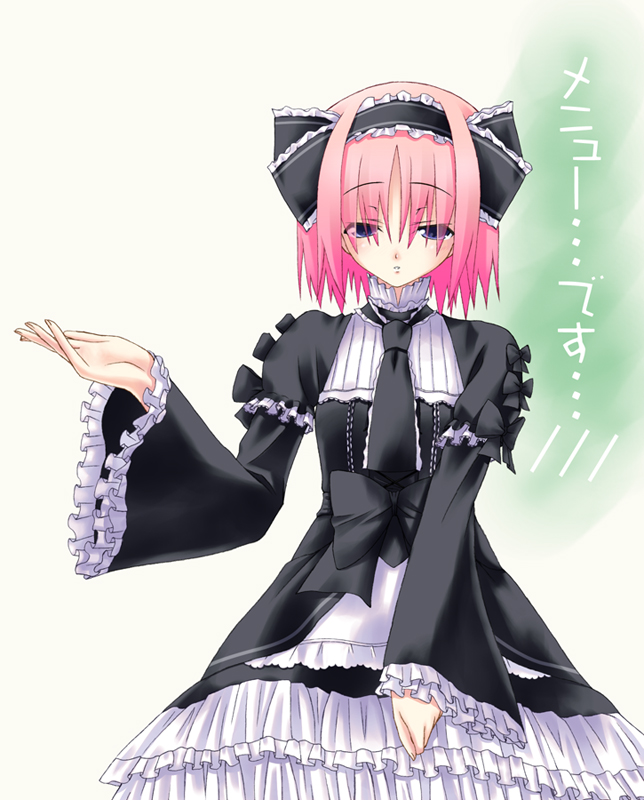 iwasaki takashi, original, 1girl, blue eyes, dress, female focus, frills, gothic lolita, lolita fashion, pink hair, short hair, solo