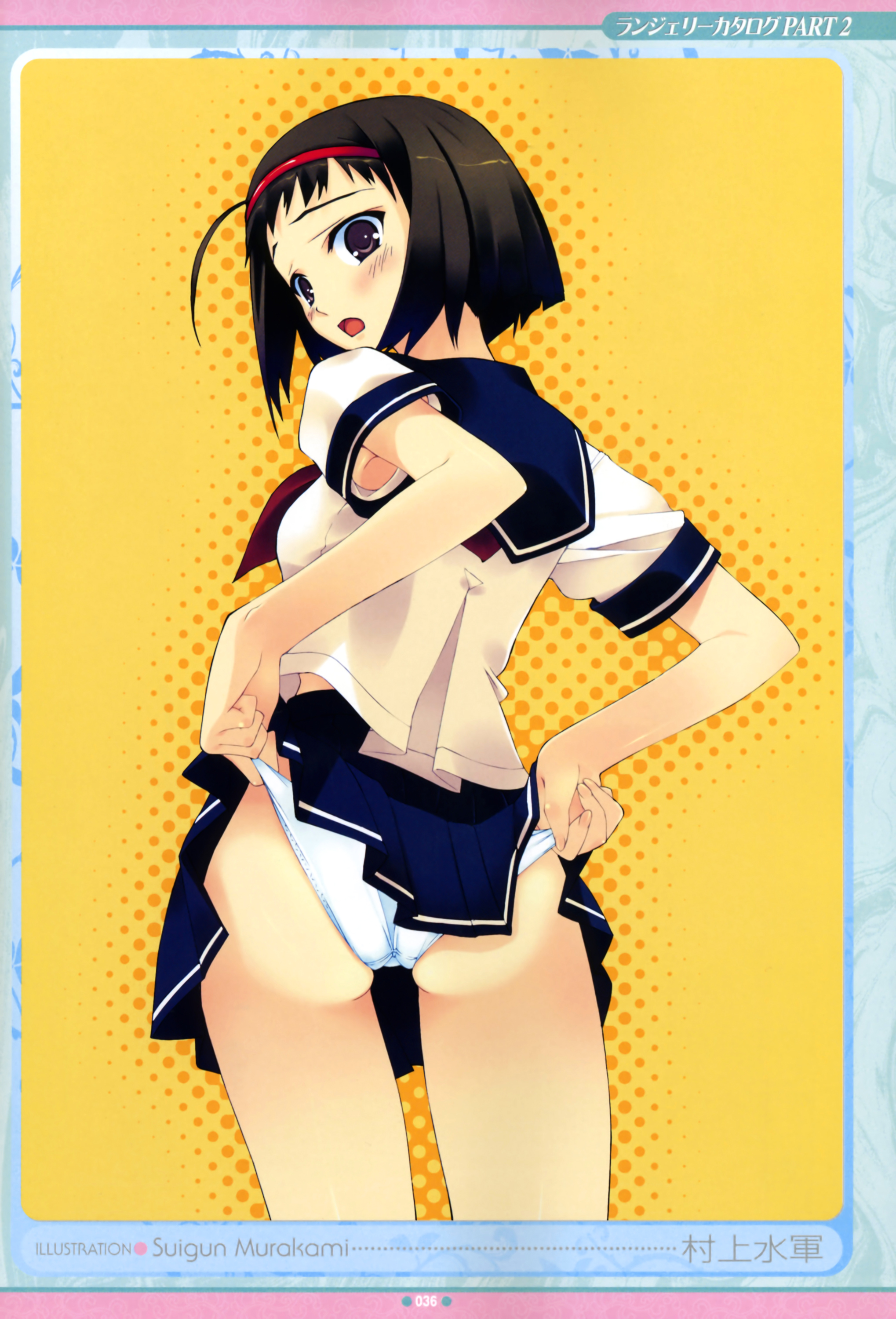 murakami suigun, absurdres, highres, translated, 1girl, ahoge, armpit peek, ass, black hair, blush, bob cut, brown eyes, female focus, hairband, panties, panty lift, pantyshot, purple eyes, school uniform, self wedgie, serafuku, short hair, solo, underwear, wedgie, white panties