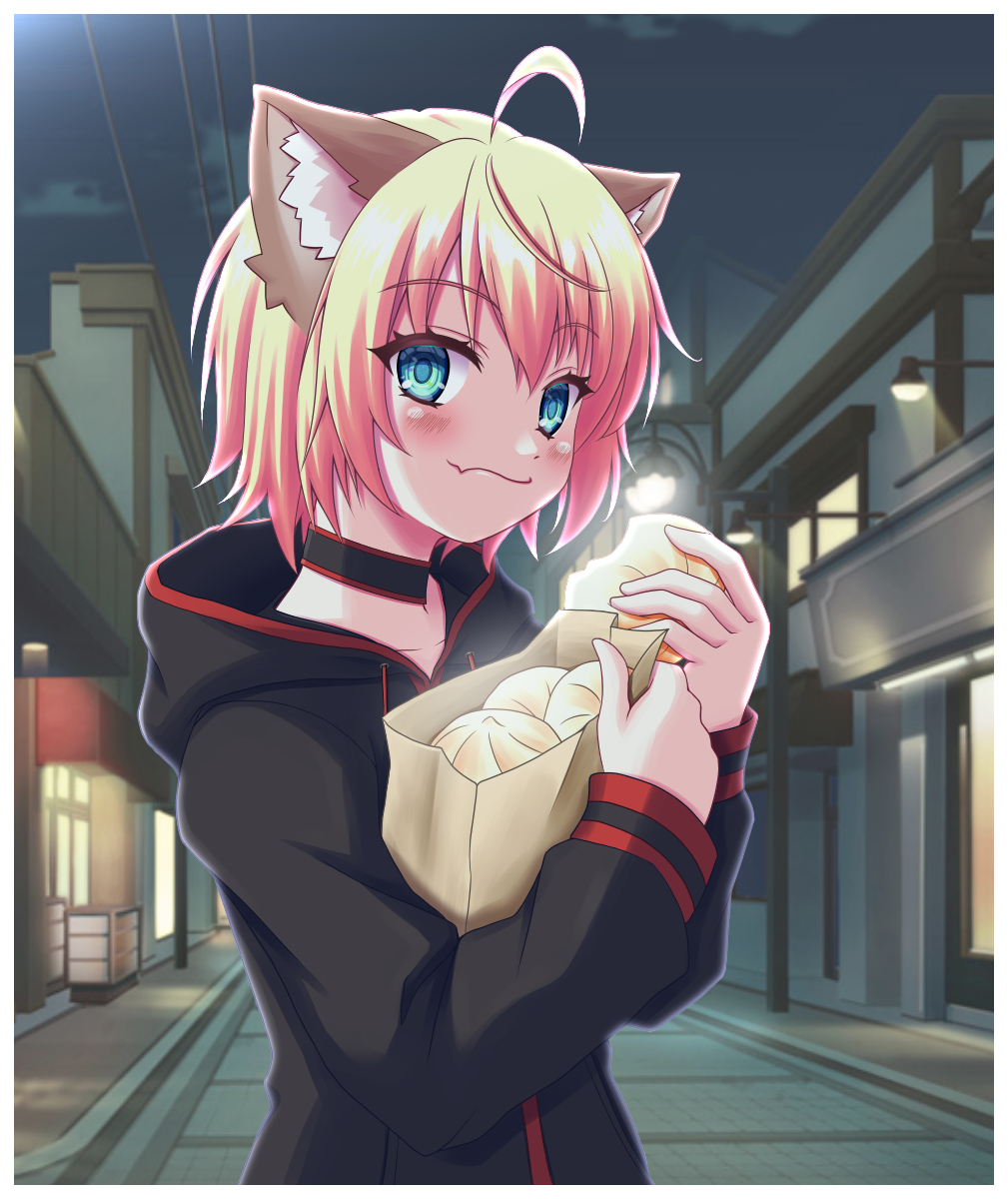 kagun, original, highres, 1girl, animal ears, bag, black hoodie, blonde hair, blue eyes, building, cat ears, cat girl, cityscape, fang, fang out, food, food bite, hood, hood down, hoodie, lamppost, long sleeves, looking at viewer, night, outdoors, paper bag, power lines, road, short hair, skin fang, smile, steamed bun, street