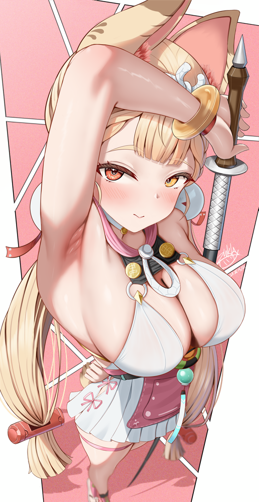 zukky, alice thymefield, alice thymefield (sea of thyme), zenless zone zero, commentary request, 1girl, animal ears, arm up, armpits, arms behind back, blonde hair, blush, breasts, cleavage, closed mouth, hair ornament, hairpin, heterochromia, holding, holding sword, holding weapon, large breasts, long hair, looking at viewer, official alternate costume, rabbit ears, rabbit girl, smile, solo, sphere hair ornament, swimsuit, sword, thigh strap, twintails, weapon, yellow eyes