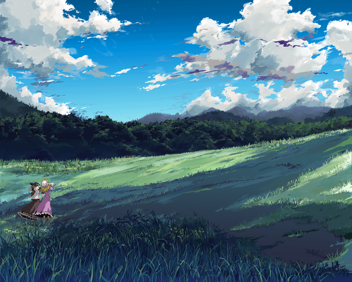 yamane masato, maribel hearn, usami renko, ghostly field club, touhou, 2girls, cloud, day, dress, female focus, forest, hand on headwear, hat, meadow, mob cap, multiple girls, nature, outdoors, scenery, shade, sky, slice of life, very wide shot