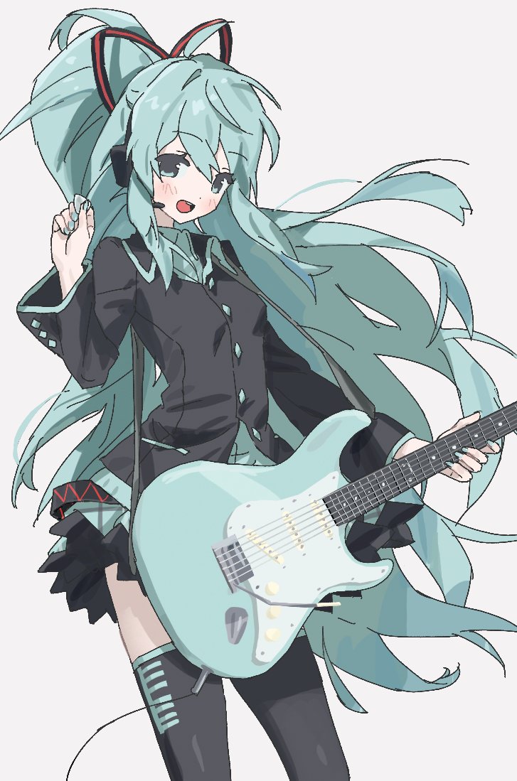 hatsune miku, hatsune miku (if), vocaloid, 1girl, alternate hairstyle, aqua eyes, aqua hair, aqua nails, black jacket, black skirt, black thighhighs, blush, cable, collared shirt, cowboy shot, dangten10, electric guitar, grey background, guitar, hair ribbon, headphones, headset, holding, holding instrument, holding plectrum, instrument, jacket, long hair, long sleeves, looking at viewer, miniskirt, open mouth, pleated skirt, plectrum, ponytail, ribbon, shirt, simple background, skirt, smile, solo, thighhighs, very long hair, white background, zettai ryouiki