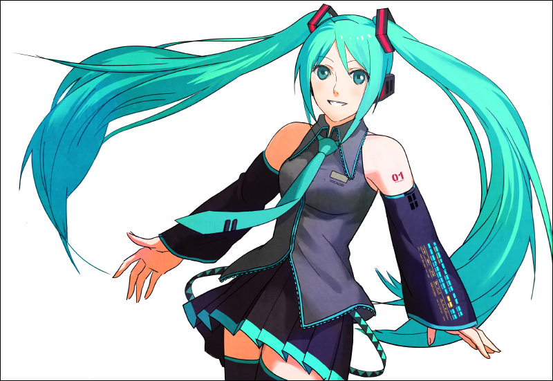 edo umi, hatsune miku, vocaloid, 1girl, aqua hair, bare shoulders, detached sleeves, female focus, long hair, miniskirt, necktie, skirt, smile, solo, thighhighs, twintails, very long hair