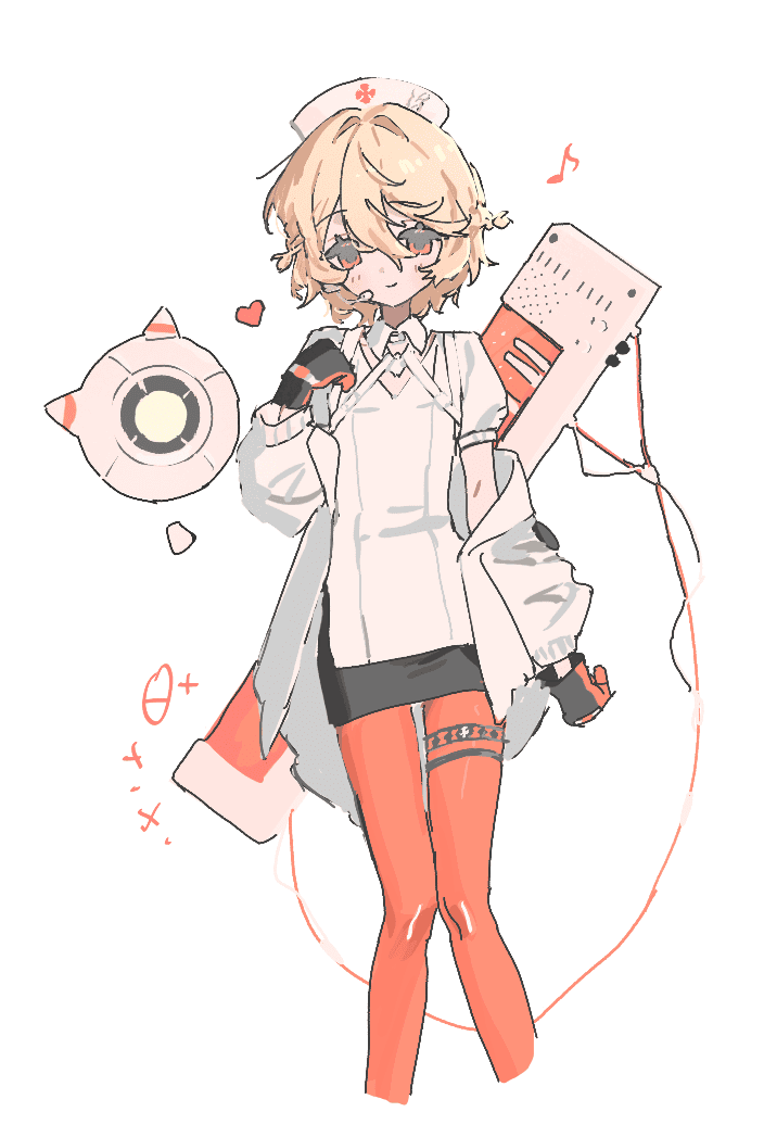 nurse robot type t, vocaloid, 1girl, black gloves, blonde hair, braid, closed mouth, collared dress, cropped legs, dangten10, dress, feet out of frame, gloves, hair between eyes, hat, heart, jacket, jacket partially removed, long sleeves, looking at viewer, musical note, nurse, nurse cap, off shoulder, open clothes, open jacket, pantyhose, puffy short sleeves, puffy sleeves, red pantyhose, robot, short hair, short sleeves, simple background, skirt, smile, solo, syringe, thigh strap, white background, white dress, white jacket