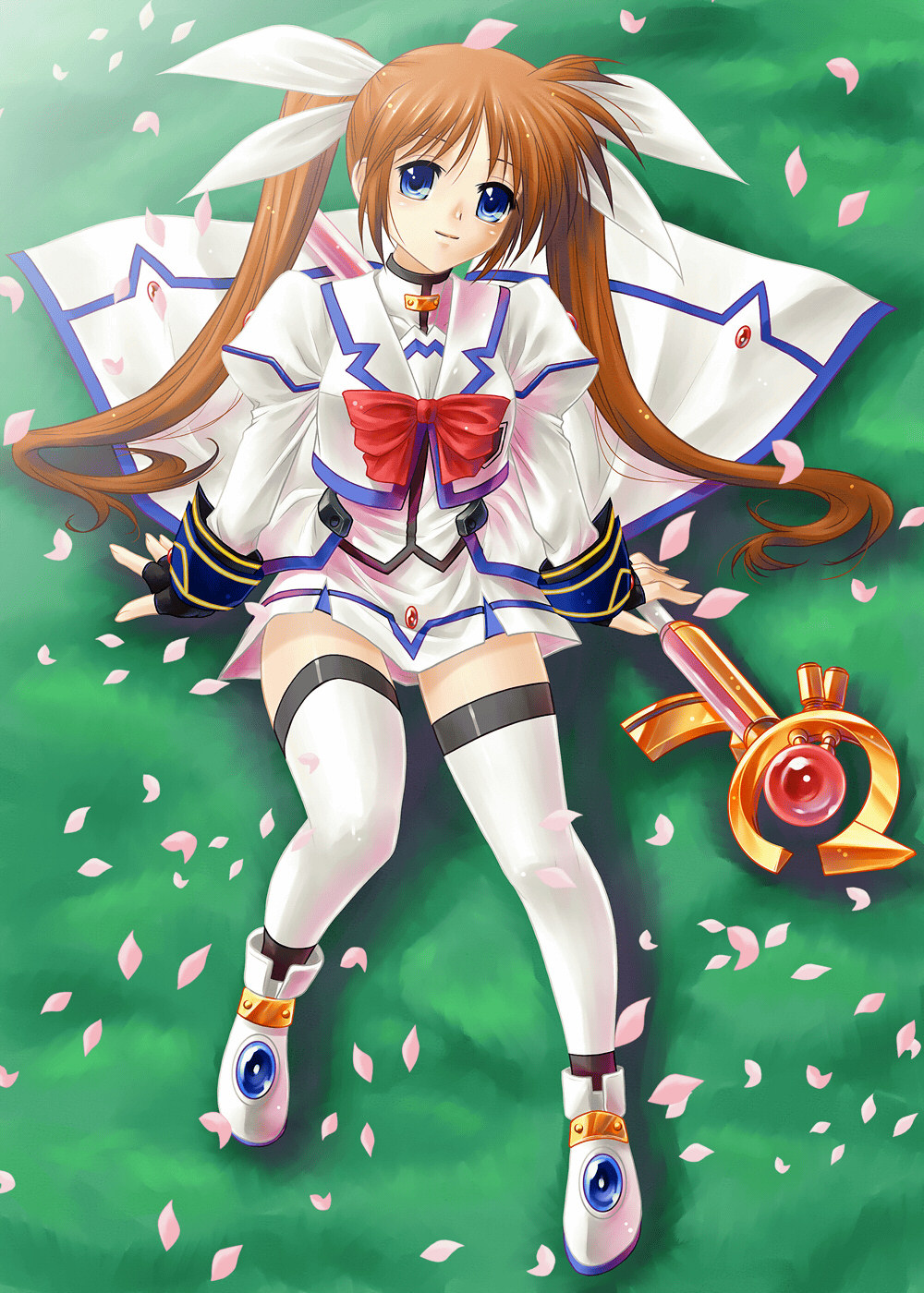 ayato, raising heart, raising heart (accel mode), takamachi nanoha, takamachi nanoha (aggressor mode), lyrical nanoha, mahou shoujo lyrical nanoha, mahou shoujo lyrical nanoha strikers, highres, 00s, 1girl, blue eyes, brown hair, cherry blossoms, female focus, gloves, hair ribbon, jacket, magical girl, miniskirt, petals, purple eyes, ribbon, sitting, skirt, solo, thighhighs, twintails, zettai ryouiki