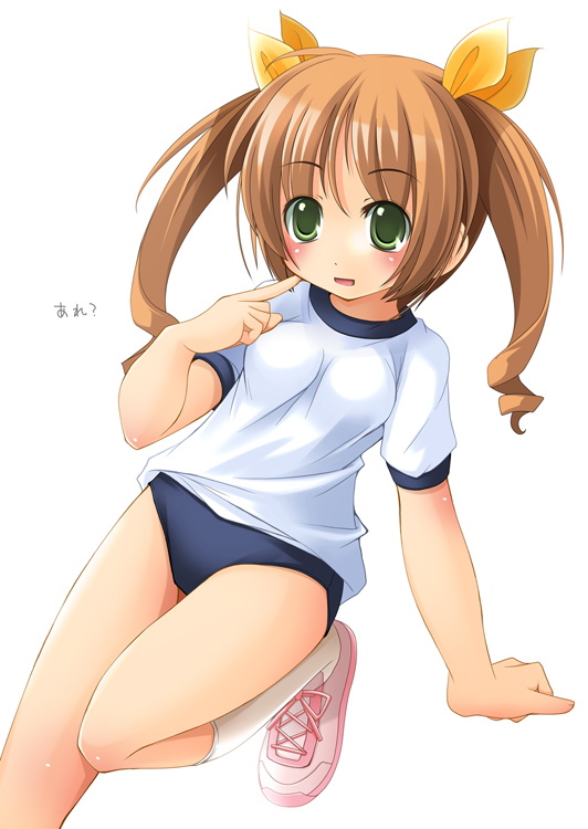 shibacha, original, 1girl, buruma, female focus, gym uniform, pink shoes, shoes, simple background, sneakers, socks, solo, thighhighs, twintails, white background