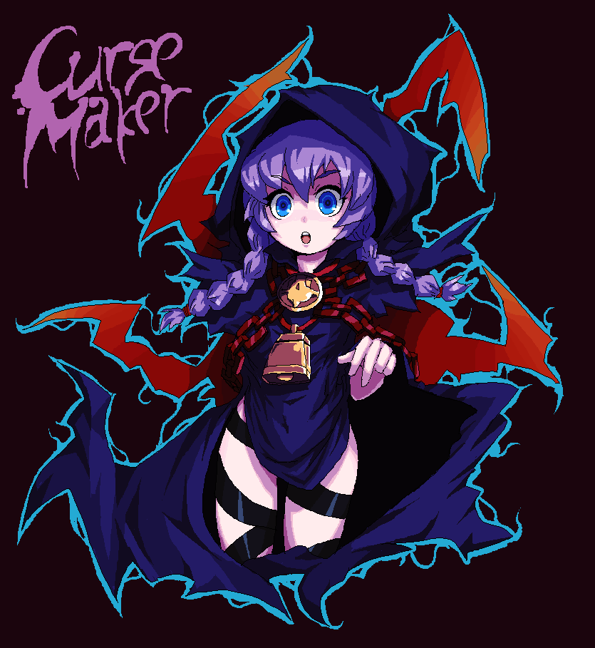 kara (color), curse maker, curse maker 2, atlus, etrian odyssey, 1girl, :o, bell, blue eyes, braid, chain, cloak, female focus, hood, oekaki, open mouth, purple hair, solo, twin braids