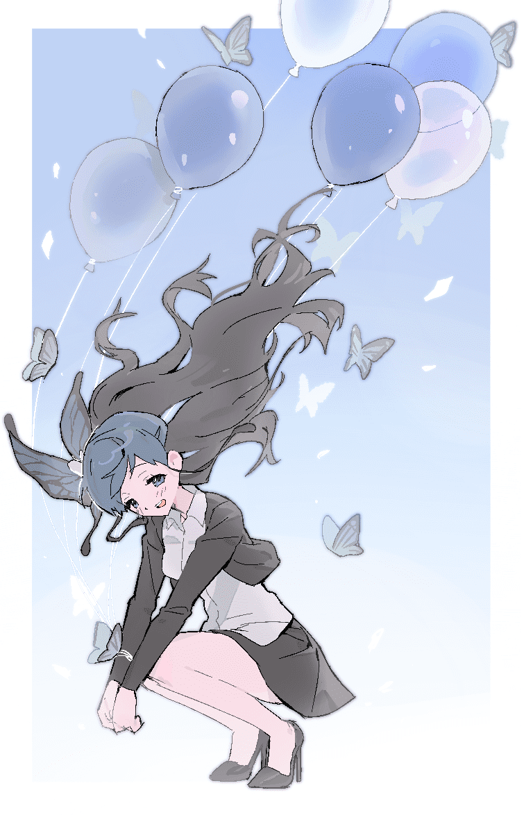 lady (i don't want this kind of hero), i don't want this kind of hero, 1girl, balloon, black hair, black jacket, black skirt, blue eyes, blue hair, bug, butterfly, butterfly hair ornament, collared shirt, dangten10, floating hair, full body, hair ornament, high heels, insect, jacket, long hair, long sleeves, looking at viewer, open clothes, open mouth, pencil skirt, shirt, skirt, smile, solo, squatting, white background, white shirt