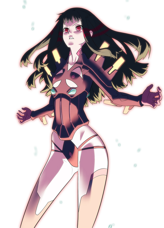 tensugi takashi, jakuri (ar tonelico), ar tonelico, ar tonelico ii, gust, striped, 00s, 1girl, armor, black hair, black thighhighs, bodysuit, breastplate, breasts, clenched teeth, clothing cutout, female focus, flat chest, floating hair, gloves, glowing, groin, highleg, highleg leotard, leotard, light particles, long hair, looking at viewer, multicolored hair, outline, outstretched arms, pale skin, pauldrons, red eyes, shoulder armor, sidelocks, small breasts, solo, spread arms, streaked hair, teeth, thighhighs, two-tone hair, underboob, underboob cutout, vambraces, vertical stripes, white background
