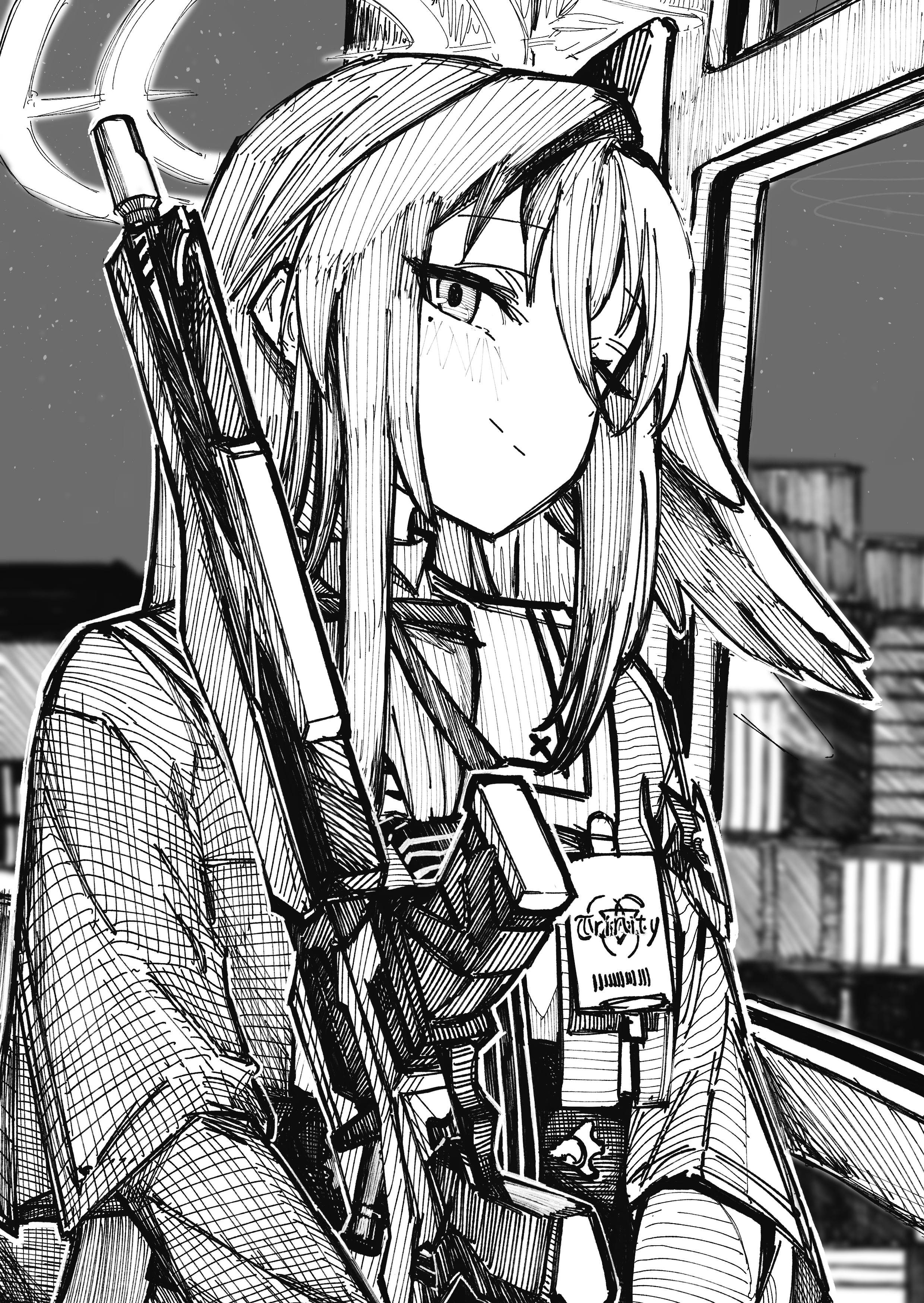 maro4ka, suzumi (blue archive), blue archive, absurdres, commentary request, highres, 1girl, assault rifle, barcode, closed mouth, eyelashes, ferris wheel interior, greyscale, gun, hair between eyes, halo, head wings, id card, long hair, long sleeves, looking at viewer, mole, mole under eye, monochrome, neck ribbon, ribbon, rifle, sailor collar, school uniform, single head wing, solo, weapon, wings
