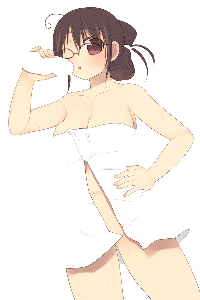 kashiwamochi yomogi, arima senne, original, 1girl, blush, collarbone, female focus, french nails, glasses, hand on own hip, milk, naked towel, navel, solo, towel