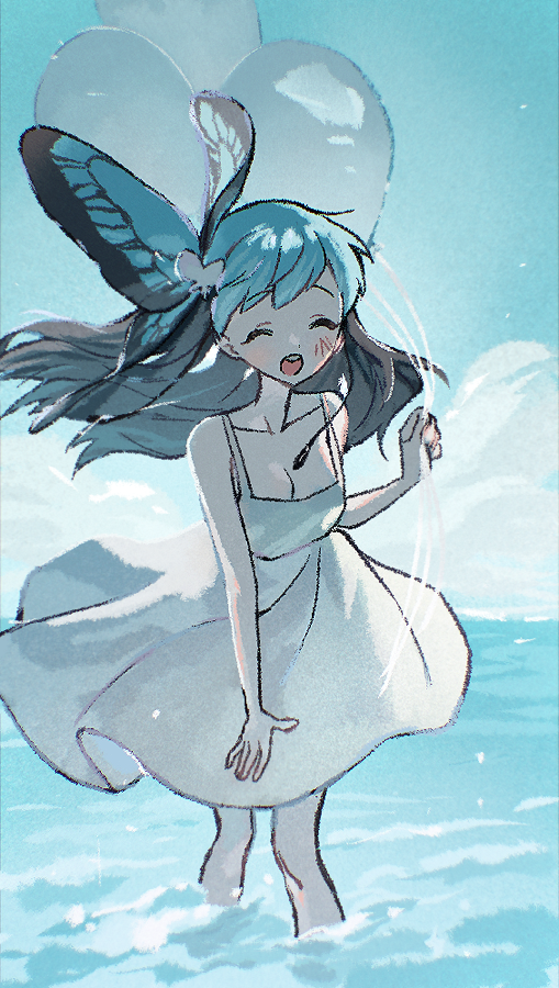 lady (i don't want this kind of hero), i don't want this kind of hero, 1girl, balloon, bare shoulders, black hair, blue hair, blue sky, blush, breasts, bug, butterfly, butterfly hair ornament, closed eyes, cloud, collarbone, dangten10, day, dress, facing viewer, feet out of frame, floating hair, hair ornament, holding, holding balloon, insect, long hair, ocean, open mouth, outdoors, sky, sleeveless, sleeveless dress, smile, solo, standing, sundress, teeth, upper teeth only, wading, water, white dress