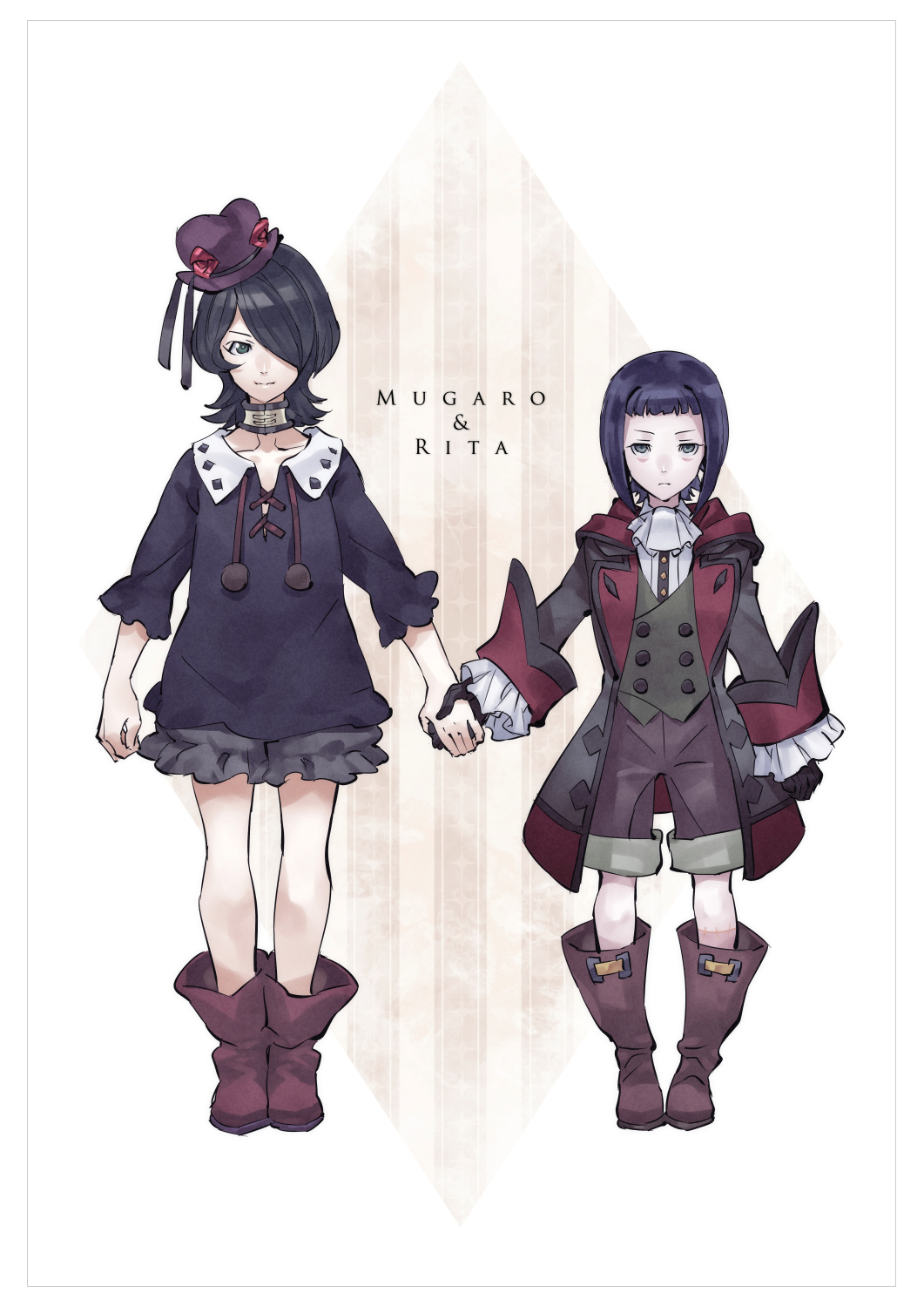 dasshu (dashi now), rita (shingeki no bahamut: genesis), shingeki no bahamut: virgin soul, highres, 1boy, 1girl, ascot, black coat, black dress, black gloves, black hair, blunt bangs, boots, character name, choker, coat, collarbone, dress, full body, gloves, hair over one eye, holding hands, long sleeves, mugaro (shingeki no bahamut: virgin soul), pom pom (clothes), purple hair, white ascot