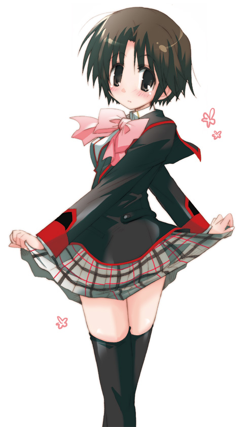 hizuki yayoi, naoe riki, little busters!, bad id, bad pixiv id, 1boy, black thighhighs, bob cut, bow, brown eyes, brown hair, crossdressing, crossdressing (mtf), male focus, pink bow, plaid clothes, plaid skirt, school uniform, serafuku, simple background, skirt, solo, thighhighs, trap, white background, zettai ryouiki