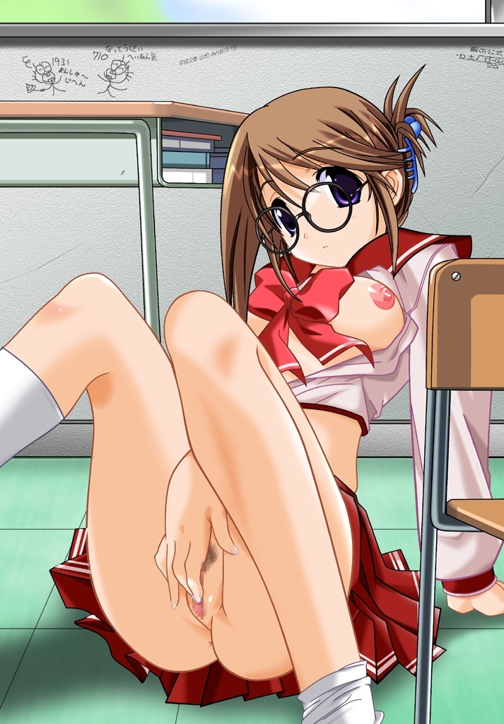 komaki manaka, 1girl, ass, breasts, brown hair, censored, classroom, female focus, female masturbation, glasses, indoors, masturbation, nipples, no panties, purple eyes, pussy, school, school uniform, serafuku, skirt, solo