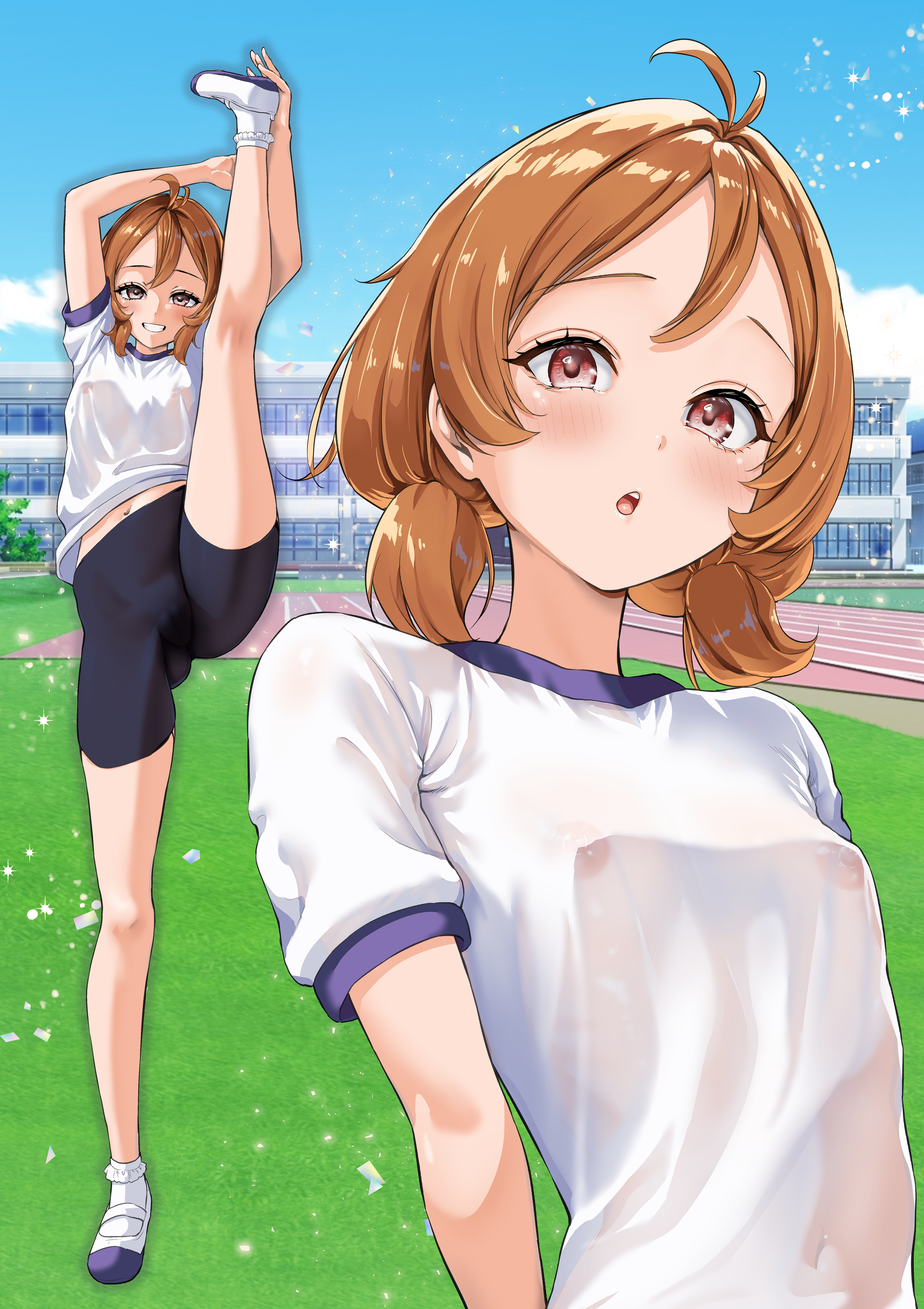 oikawa tooru, original, absurdres, commentary request, highres, 1girl, ahoge, ankle socks, black shorts, blue sky, breasts, cloud, day, full body, gluteal fold, gym shirt, knees, legs, looking at viewer, multiple views, orange hair, racetrack, red eyes, shirt, shoes, shorts, sky, small breasts, socks, split, standing, standing on one leg, standing split, swept bangs, uwabaki, wet, wet clothes, wet shirt, white shirt, white shoes, white socks