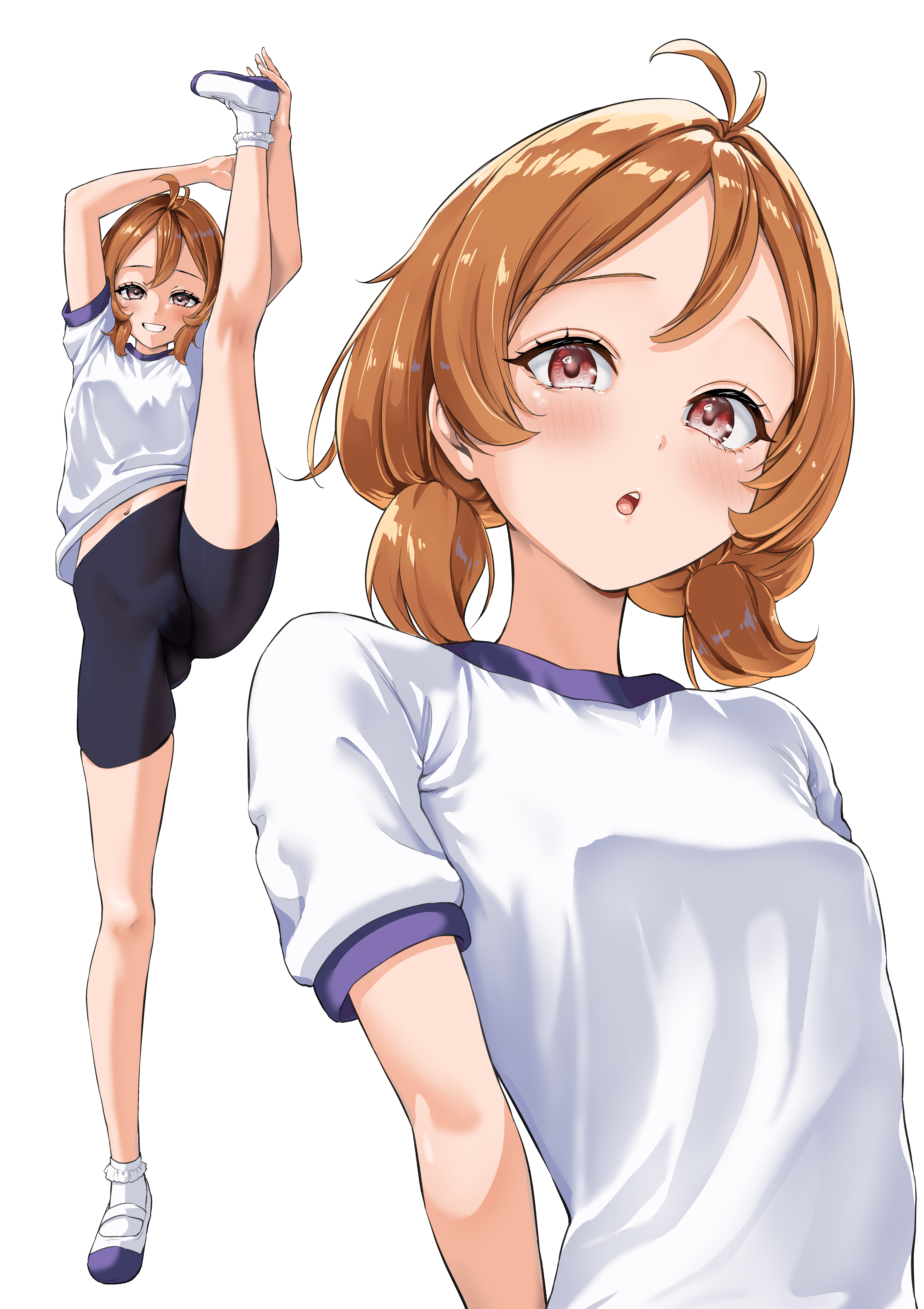 oikawa tooru, original, absurdres, commentary request, highres, 1girl, ahoge, ankle socks, black shorts, breasts, full body, gluteal fold, gym shirt, knees, legs, looking at viewer, multiple views, orange hair, red eyes, shirt, shoes, shorts, simple background, small breasts, socks, split, standing, standing on one leg, standing split, swept bangs, uwabaki, white background, white shirt, white shoes, white socks