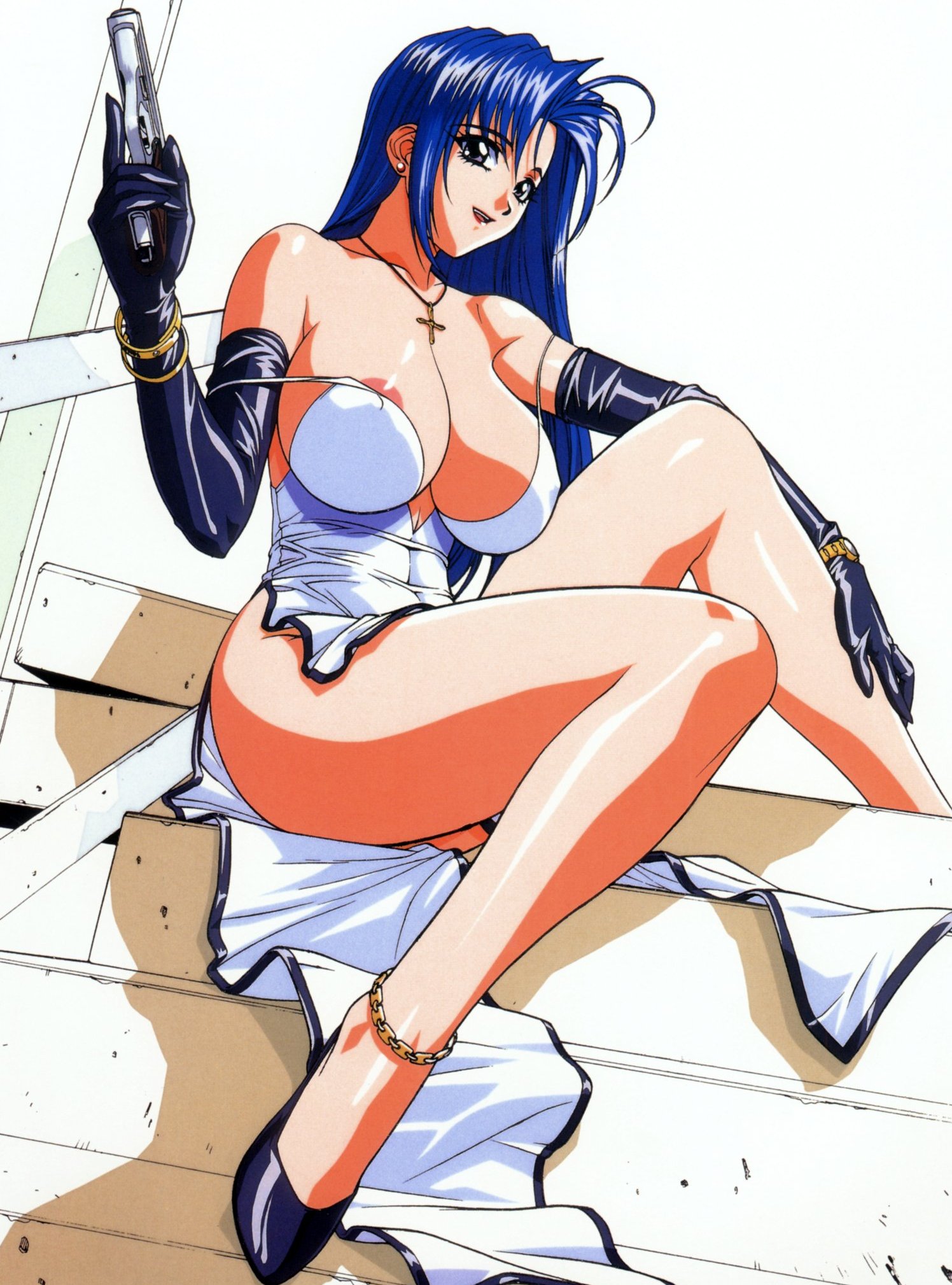 inoue takuya, highres, 1girl, anklet, areola slip, blue hair, bracelet, breasts, cleavage, dress, earrings, elbow gloves, female focus, gloves, gun, handgun, high heels, huge breasts, jewelry, legs, long hair, long legs, pistol, shoes, side slit, sitting, solo, thighs, weapon