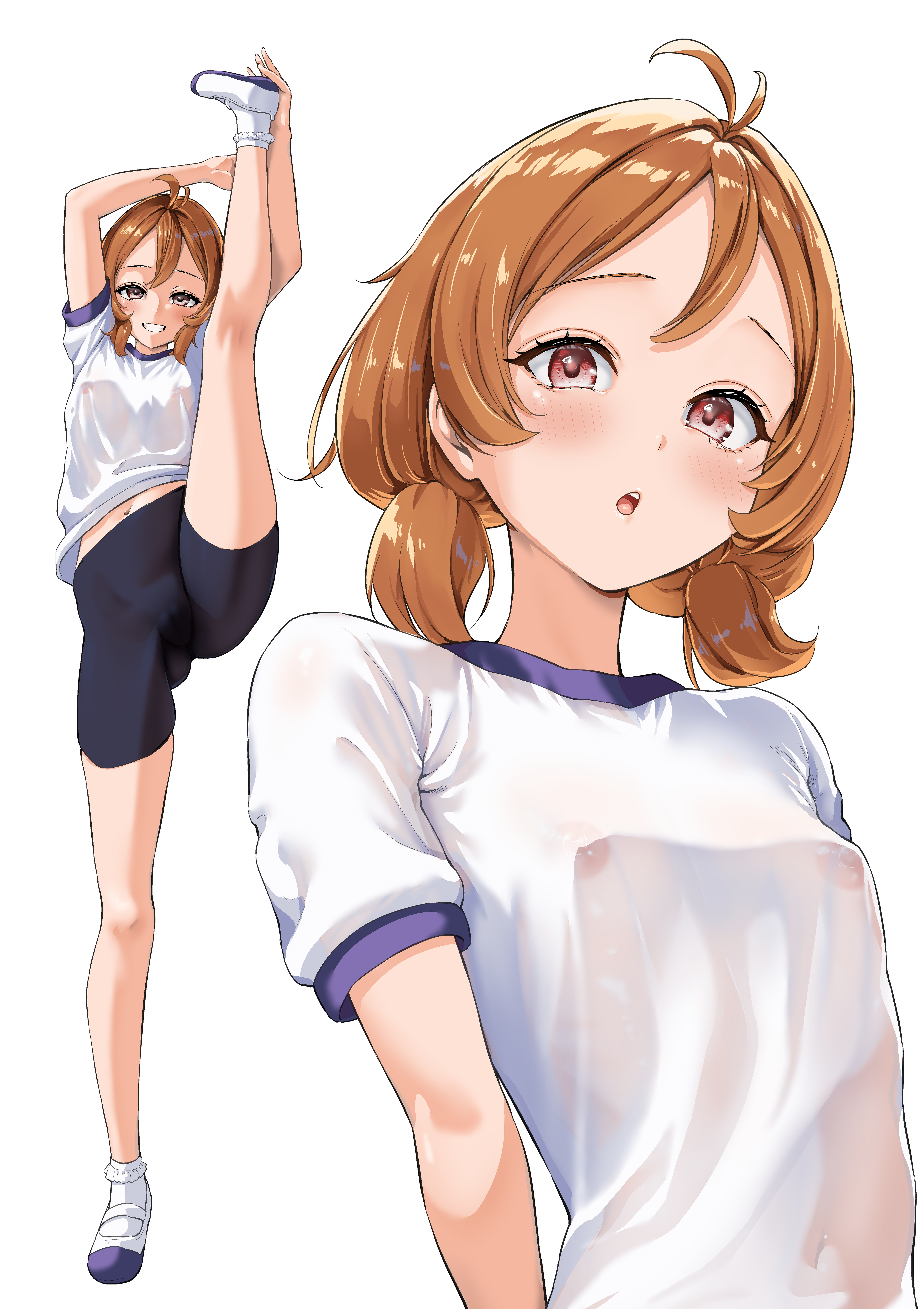 oikawa tooru, original, absurdres, commentary request, highres, 1girl, ahoge, ankle socks, black shorts, breasts, full body, gluteal fold, gym shirt, knees, legs, looking at viewer, multiple views, orange hair, red eyes, shirt, shoes, shorts, simple background, small breasts, socks, split, standing, standing on one leg, standing split, swept bangs, uwabaki, wet, wet clothes, wet shirt, white background, white shirt, white shoes, white socks