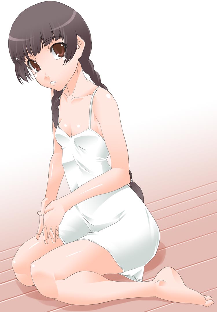 shinama, shimazu yoshino, maria-sama ga miteru, 00s, 1girl, barefoot, braid, breasts, brown eyes, brown hair, cleavage, collarbone, dress, female focus, hair over shoulder, interlocked fingers, long hair, own hands together, parted lips, sitting, small breasts, solo, sundress, twin braids, wariza, white dress