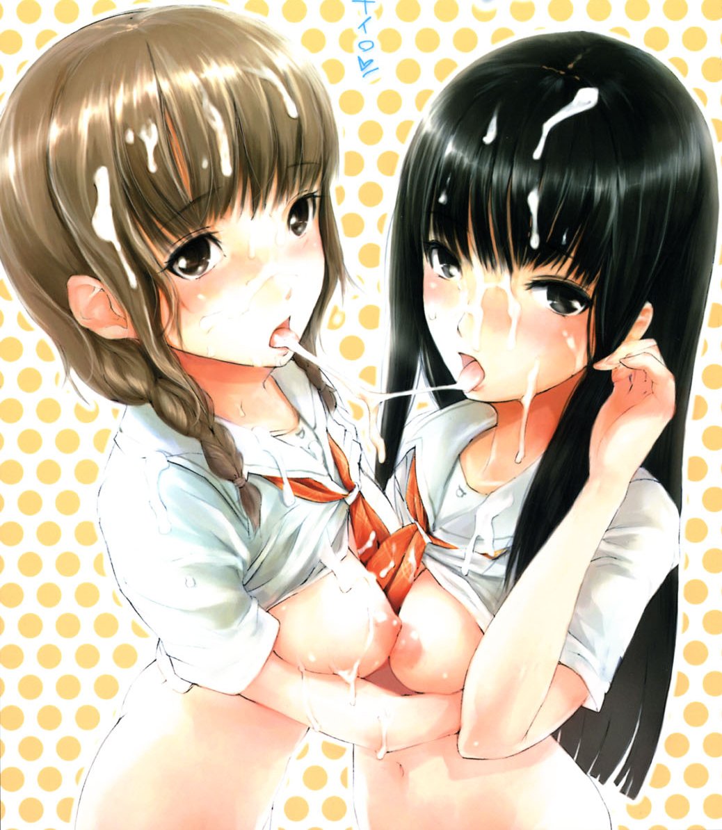 nylon (nylon 100%), futami eriko, mizusawa mao, kimi kiss, 2girls, braid, breasts, brown eyes, brown hair, bukkake, cum, cum on hair, cum string, multiple girls, nipples, open mouth, saliva, school uniform, serafuku, tongue, twin braids