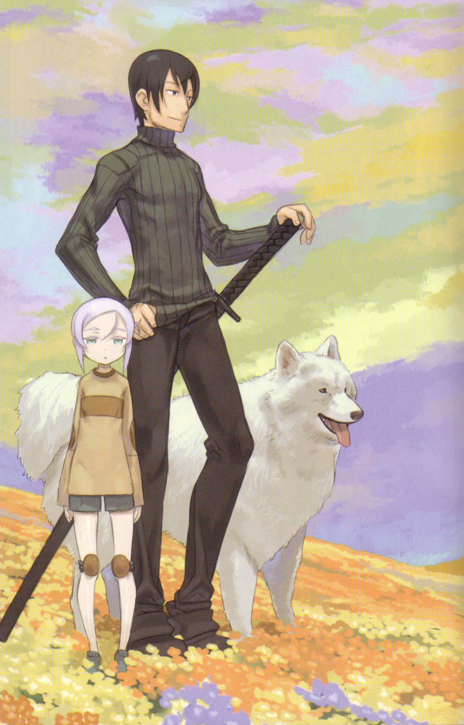 kuroboshi kouhaku, riku (kino no tabi), shizu (kino no tabi), tea (kino no tabi), kino no tabi, highres, scan, 00s, 1girl, 2boys, child, dog, facing viewer, field, flower, flower field, full body, kino-no-tabi, knee pads, looking afar, multiple boys, outdoors, shorts, standing, sword, weapon