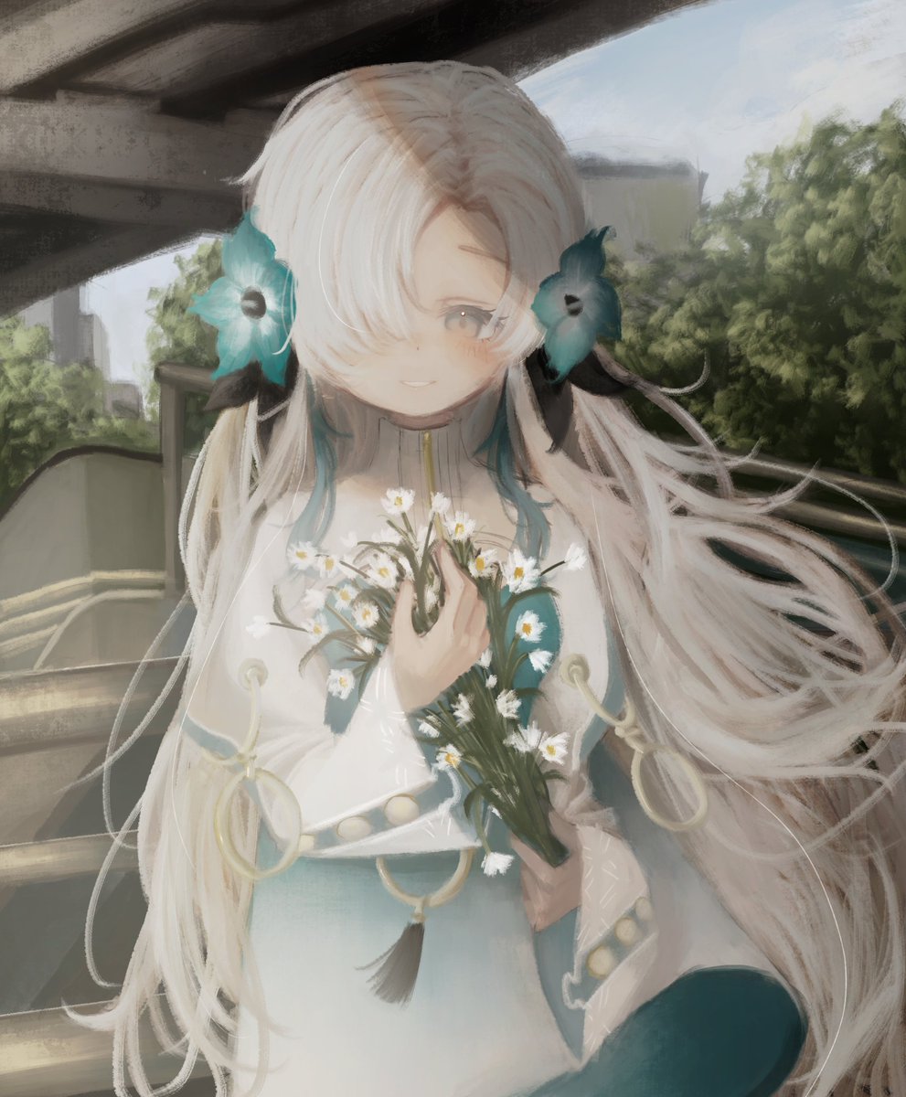gmkuzu, isekaijoucho, kamitsubaki studio, highres, 1girl, blue dress, blue flower, blue hair, blush, closed mouth, cowboy shot, day, dress, flower, grey eyes, grey hair, hair flower, hair ornament, hair over one eye, holding, holding flower, long hair, long sleeves, looking at viewer, multicolored hair, outdoors, sky, smile, solo, stairs, two-tone dress, two-tone hair, very long hair, virtual youtuber, white dress, white flower, white hair