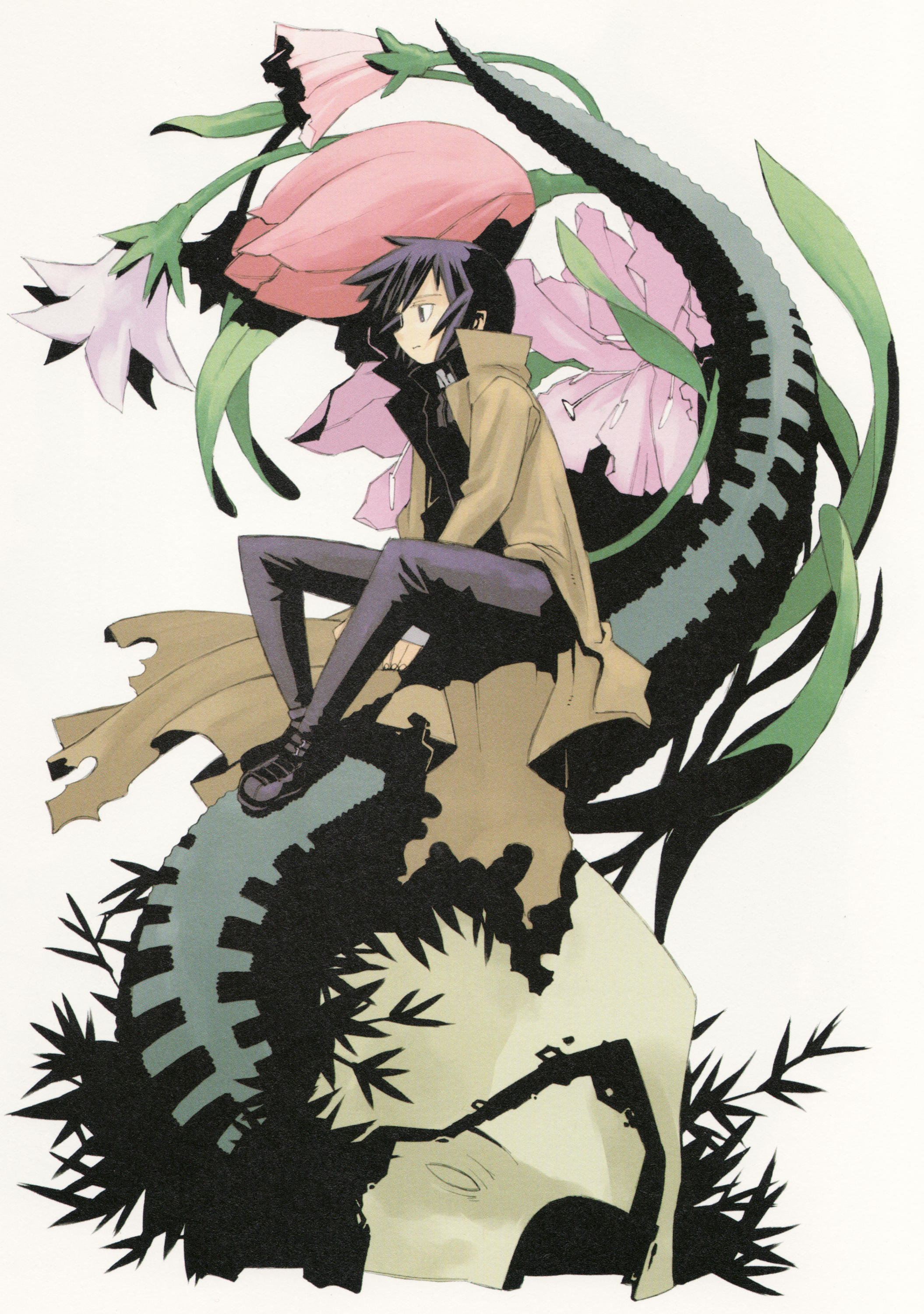kuroboshi kouhaku, kino (kino no tabi), kino no tabi, absurdres, highres, 00s, 1girl, androgynous, black eyes, black hair, coat, female focus, flower, kino-no-tabi, reverse trap, short hair, sitting, solo, trench coat