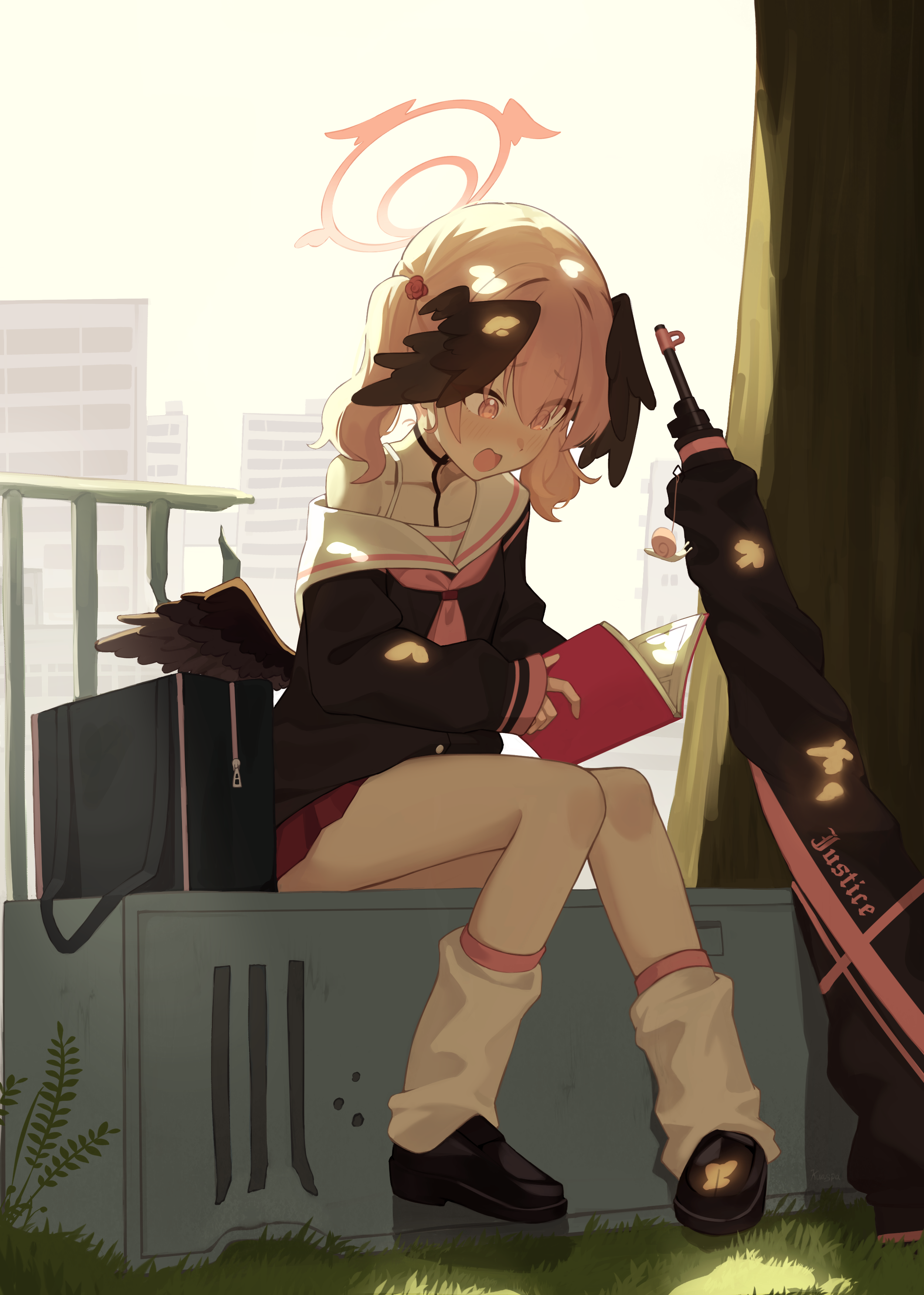 kuaspa, koharu (blue archive), blue archive, absurdres, commentary, highres, 1girl, black bag, black wings, book, bug, building, butterfly, embarrassed, full body, grass, halo, head wings, holding, holding book, insect, knees together feet apart, long sleeves, medium hair, off shoulder, open mouth, pink butterfly, pink eyes, pink hair, pink halo, reading, school uniform, sitting, skyscraper, socks, solo, tree, white socks, wings