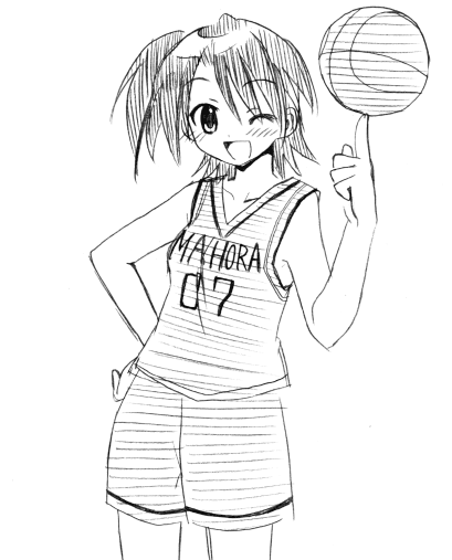 yuuma (omaeno meinichi), akashi yuuna, mahou sensei negima!, 00s, ball, basketball, basketball (object), greyscale, monochrome, one eye closed, sketch, wink