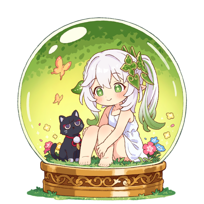 onyhakase, nahida (genshin impact), scaramouche (cat) (genshin impact), scaramouche (genshin impact), genshin impact, commentary, 1girl, barefoot, bug, butterfly, cross-shaped pupils, dress, flower, green eyes, green hair, hair ornament, in snow globe, insect, leaf hair ornament, long hair, multicolored hair, pointy ears, side ponytail, sitting, smile, sundress, symbol-shaped pupils, toes, white dress, white hair