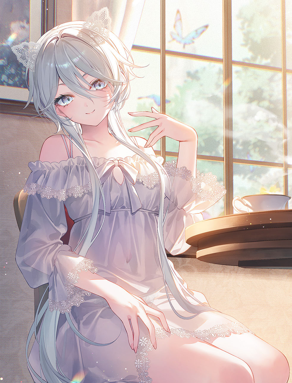 toosaka asagi, fiona (toosaka asagi), original, cropped, highres, novel illustration, official art, 1girl, bare shoulders, blue butterfly, blurry, blurry background, bug, butterfly, chair, closed mouth, dress, grey hair, hair between eyes, indoors, insect, long hair, long sleeves, looking at viewer, navel, on chair, sitting, smile, solo, white dress, window