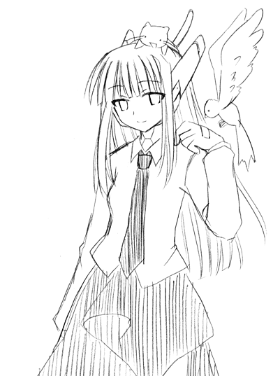 yuuma (omaeno meinichi), karakuri chachamaru, mahou sensei negima!, 00s, bird, cat, greyscale, monochrome, robot ears, school uniform, serafuku, sketch