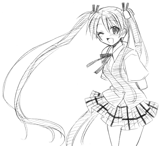 yuuma (omaeno meinichi), kagurazaka asuna, mahou sensei negima!, 00s, greyscale, monochrome, plaid clothes, plaid skirt, school uniform, serafuku, sketch, skirt, solo, twintails