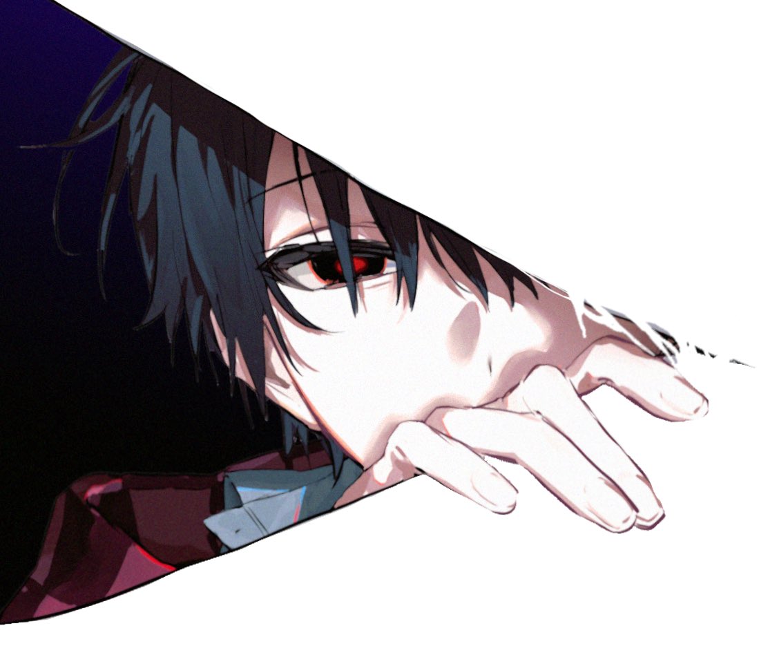 original, 1boy, black background, black eyes, black hair, covered mouth, hair between eyes, jacket, looking at viewer, male focus, monnikooo, portrait, red eyes, red jacket, shirt, short hair, solo, two-tone background, white background, white shirt