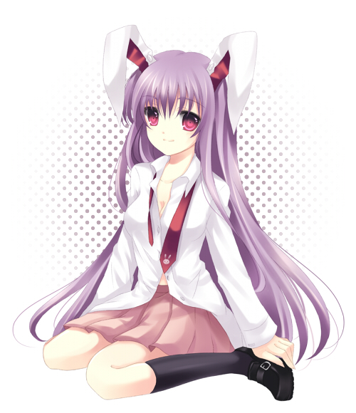 takase kanan, reisen udongein inaba, touhou, bad id, bad pixiv id, 1girl, animal ears, female focus, kneehighs, long hair, midriff peek, necktie, purple hair, rabbit ears, red eyes, red necktie, shirt, skirt, socks, solo, undone necktie, very long hair