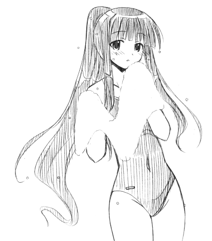 yuuma (omaeno meinichi), ookouchi akira, mahou sensei negima!, lowres, 00s, 1girl, blush, breasts, carrying, covered navel, facing viewer, female focus, greyscale, hands up, high ponytail, holding, holding towel, long hair, looking at viewer, monochrome, navel, one-piece swimsuit, parted lips, ponytail, simple background, sketch, sleeveless, solo, standing, swimsuit, towel, wet, white background